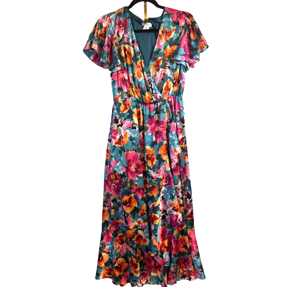 Nicole Miller New York Floral Maxi Dress Flutter Sleeve V Neck‎ Women's M